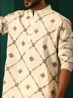 Thumbnail for trueBrowns Men's Ivory Rhombus Cotton Kurta - Distacart