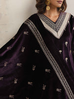 Thumbnail for trueBrowns Wine Velvet Floral Embroidered Kurta Pant Dupatta Set - Distacart