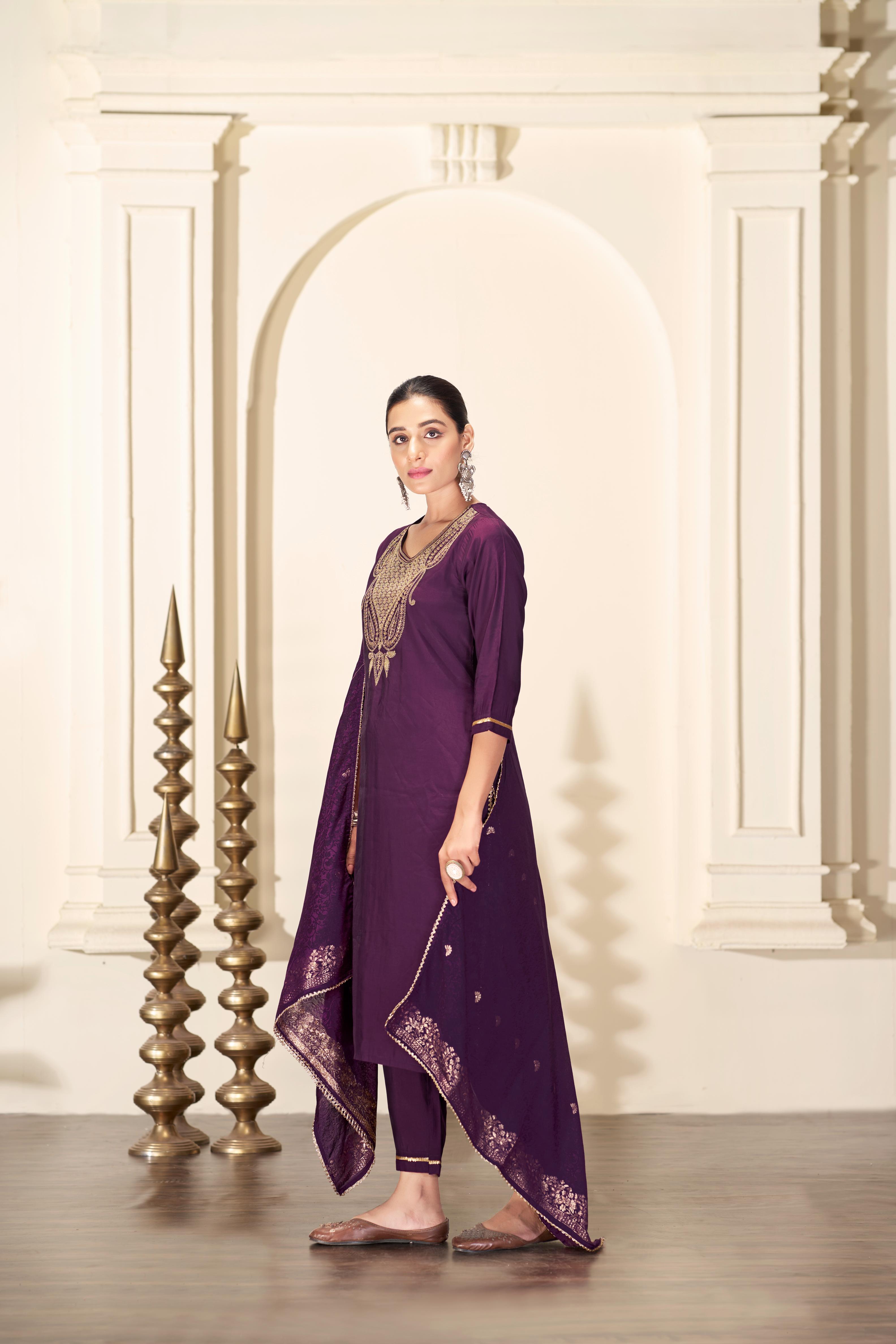 BulBul Gita Purple Silk Kurta Set with Dupatta
