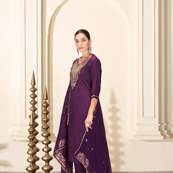 BulBul Gita Purple Silk Kurta Set with Dupatta