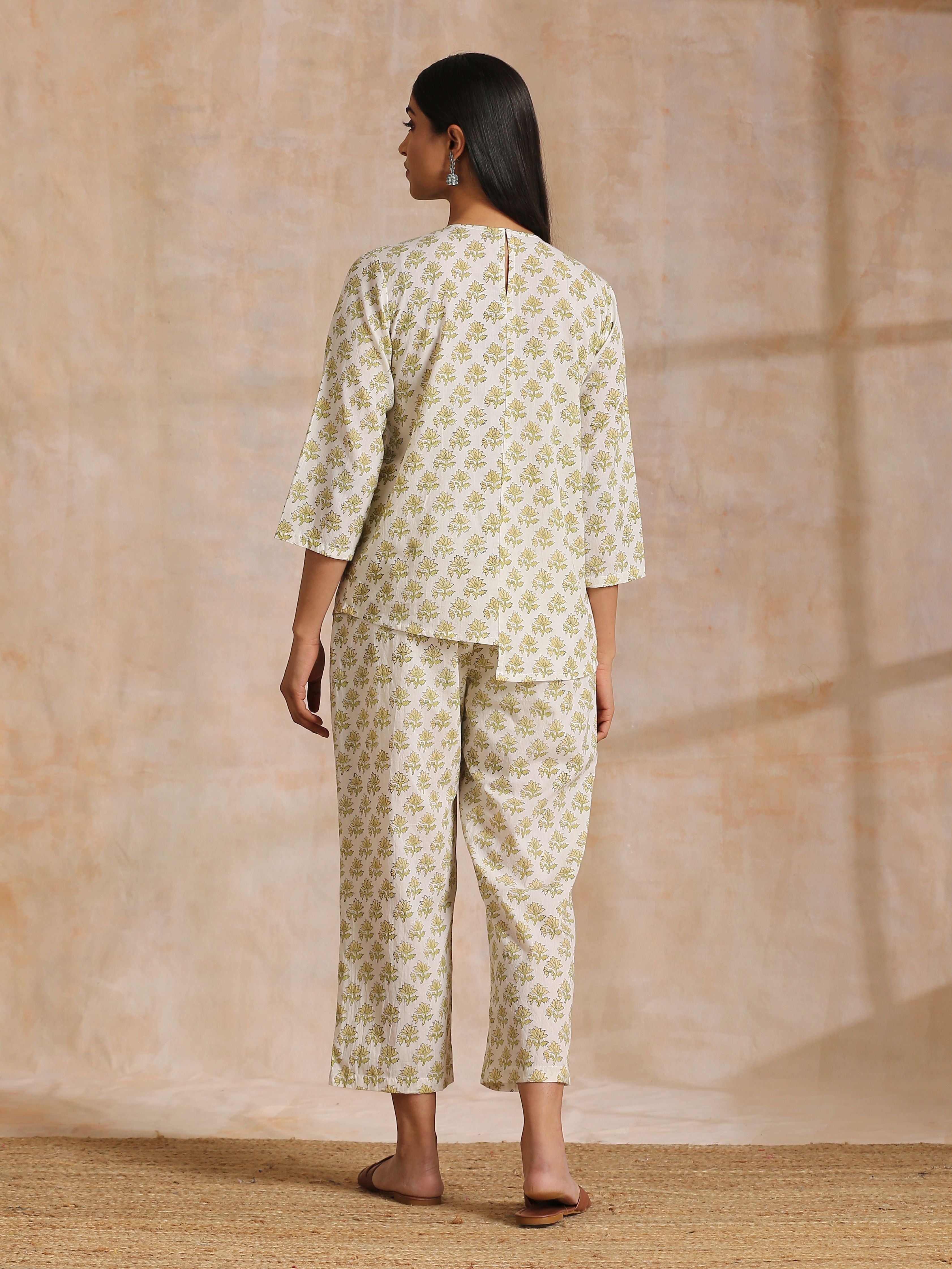 trueBrowns Green Buta On Off-White Block Print Cotton Co-Ord Set - Distacart