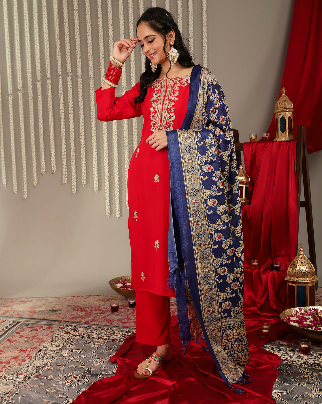 Varanga Women Red Placement Design Zari Embroidered Kurta With Three Quarter Sleeves Paired With Tonal Bottom And Contrast Printed Dupatta - Distacart