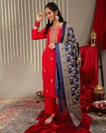 Thumbnail for Varanga Women Red Placement Design Zari Embroidered Kurta With Three Quarter Sleeves Paired With Tonal Bottom And Contrast Printed Dupatta - Distacart