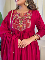 Thumbnail for The52 Women's Gorgeous Vichitra Silk Embroidery Flared Kurta with Palazzo And Dupatta Set