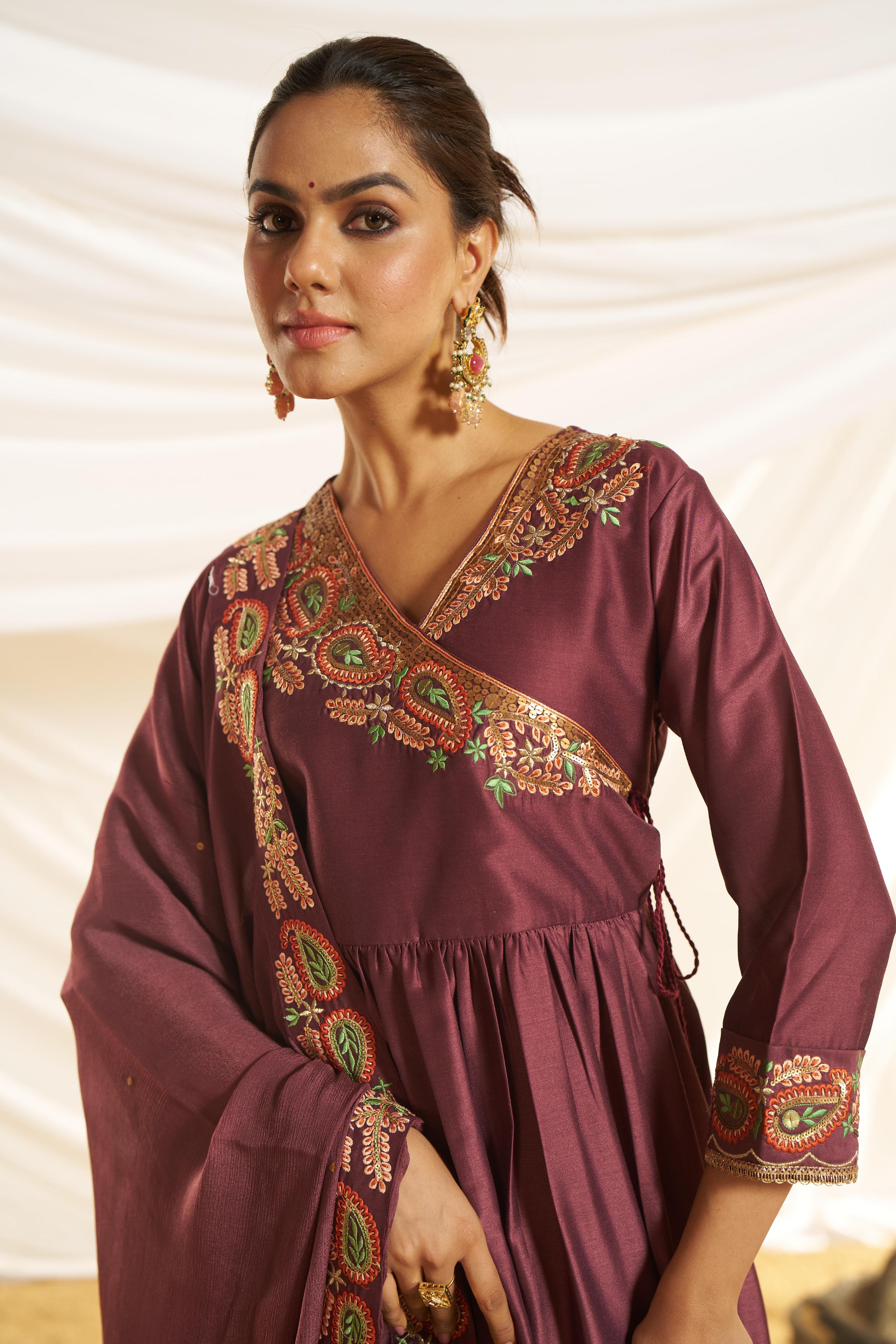 BulBul Women Wine Embroidered Premium Silk Angrakha Pattern Flare Suit With Dupatta