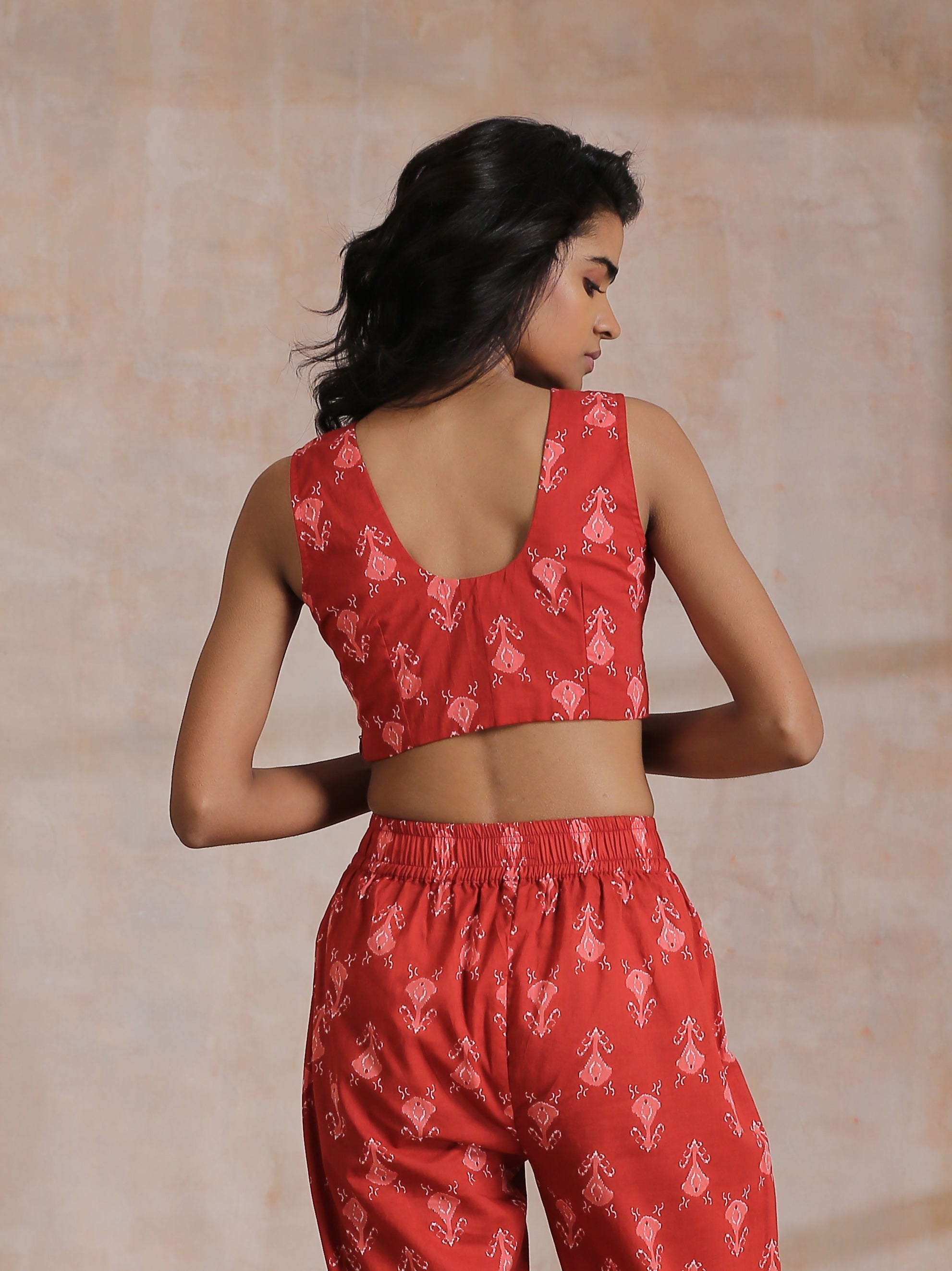 trueBrowns Red On Red Ikat Print Cotton Pant Suit Set - Distacart
