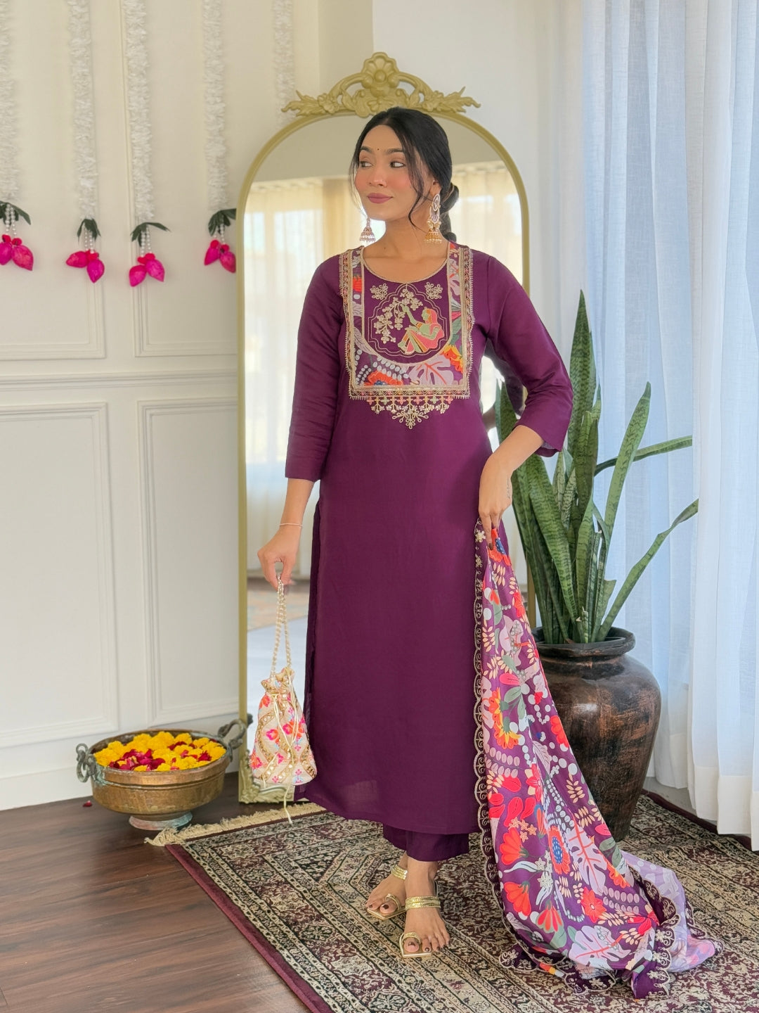 The52 Women's Viscose Chanderi Fabric Straight Kurta, Pant and Dupatta Set