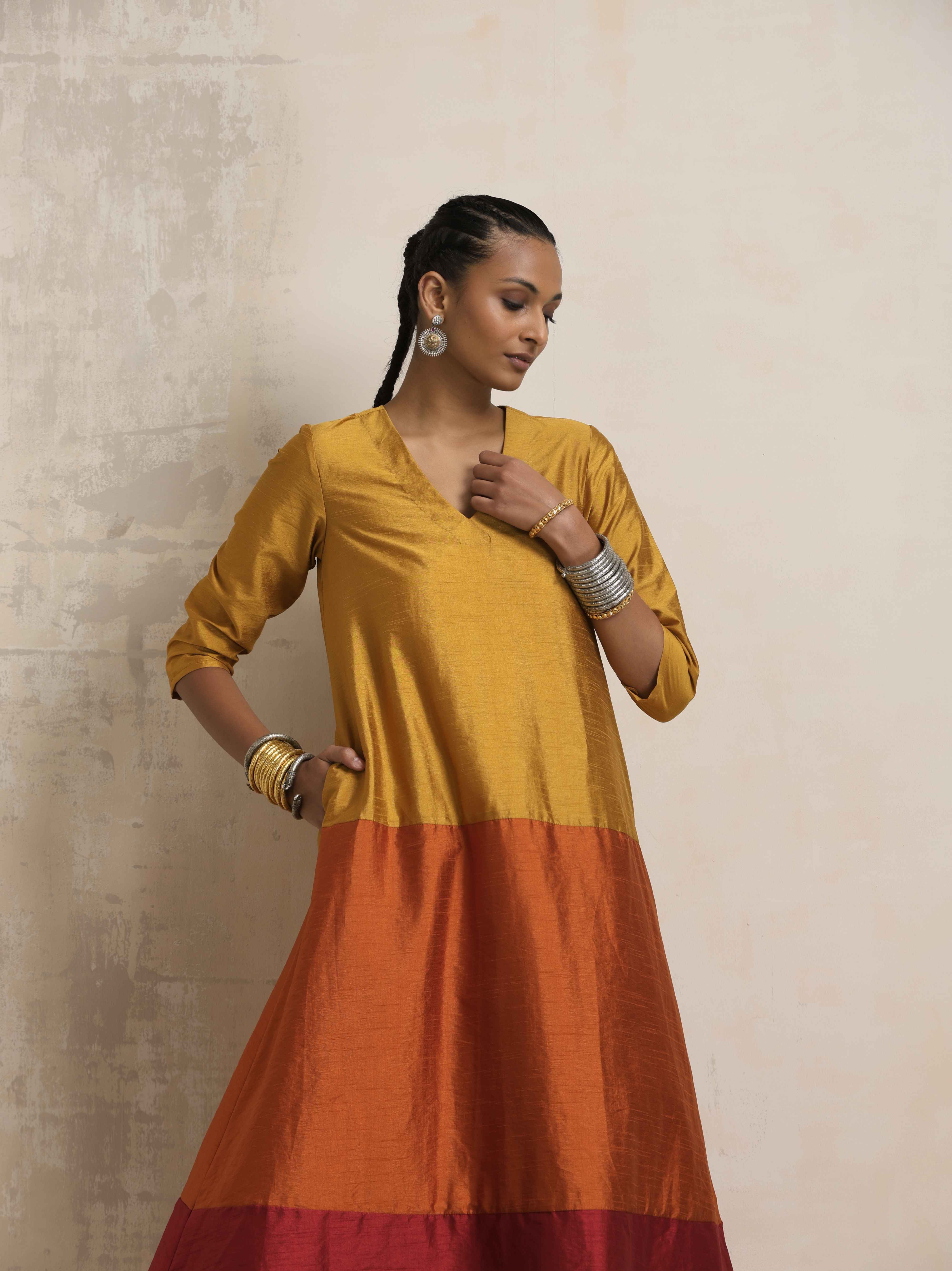 trueBrowns Gold Orange Silk A-line Kurta Set - Distacart