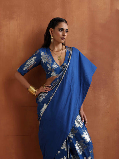 trueBrowns Blue Metallic Ready To Wear Saree - Distacart