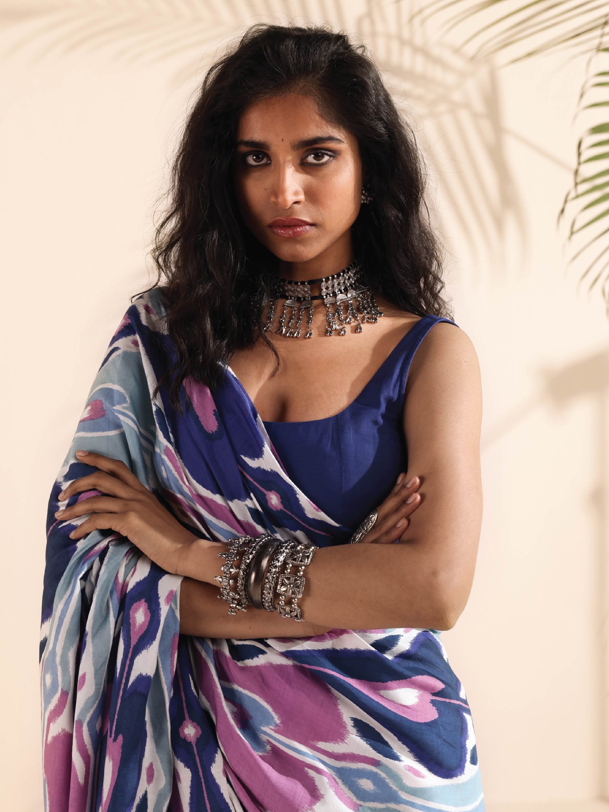 trueBrowns Blue Purple Muslin Ikat Saree - Distacart