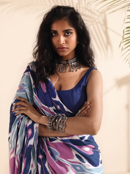 trueBrowns Blue Purple Muslin Ikat Saree - Distacart