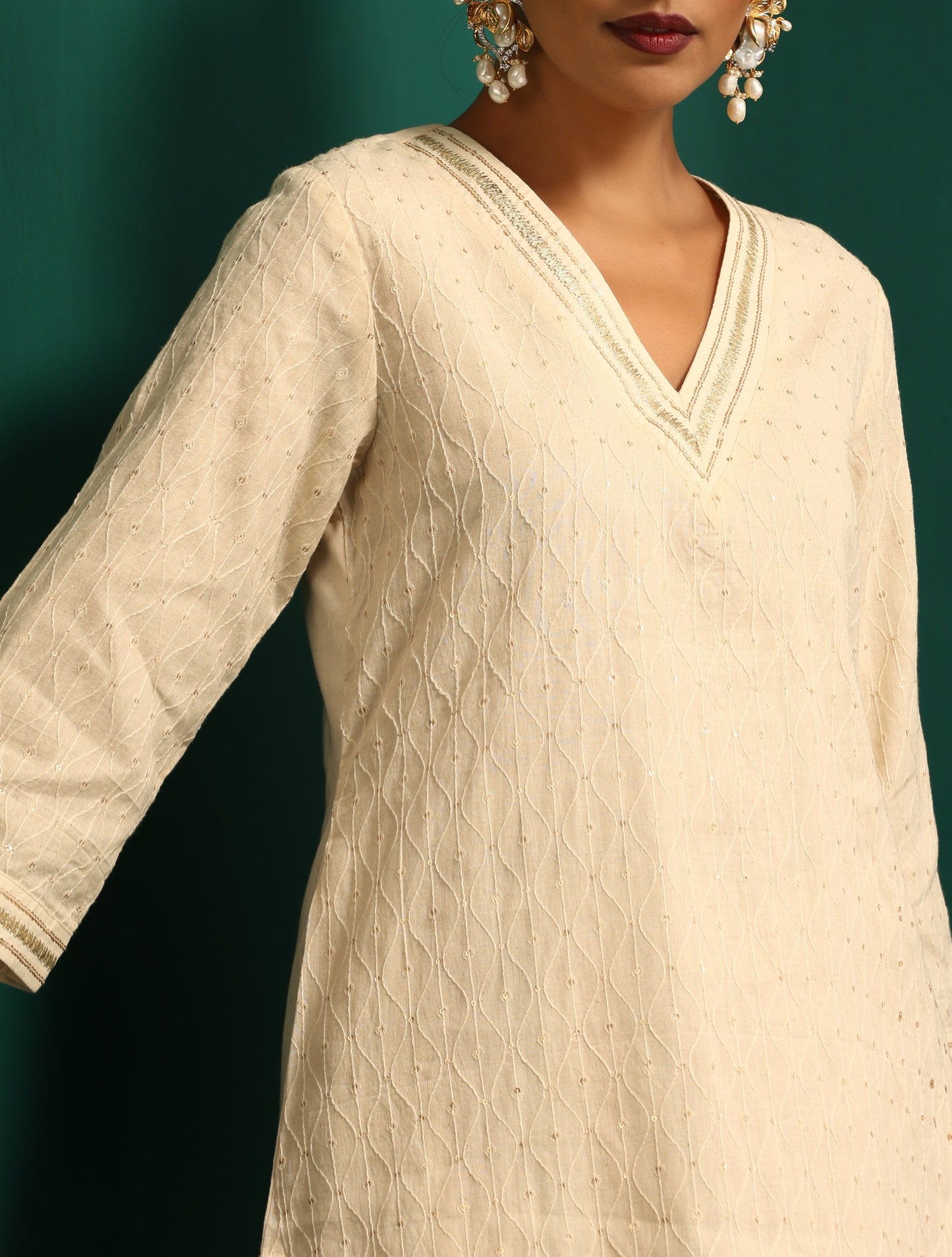 trueBrowns Ivory Tonal Cotton Kurta with Embroidered Pants - Distacart