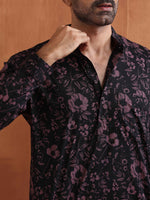 Thumbnail for trueBrowns Men's Black Floral Printed Short Kurta