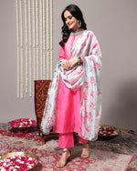 Thumbnail for Varanga Women Pink Floral Embroidered Regular Chanderi Silk Kurta With Trousers & With Dupatta - Distacart