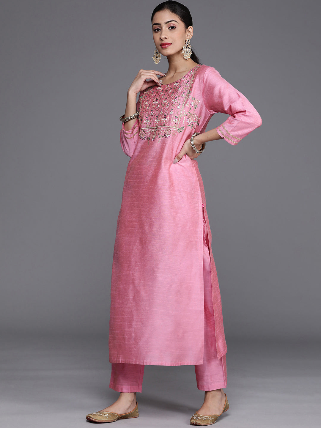 Varanga Solid Kurta With Yoke Zari Sequins Embroidery Paired With Solid Pant And A Beautiful Organza Floral Dupatta With Zari Tassel