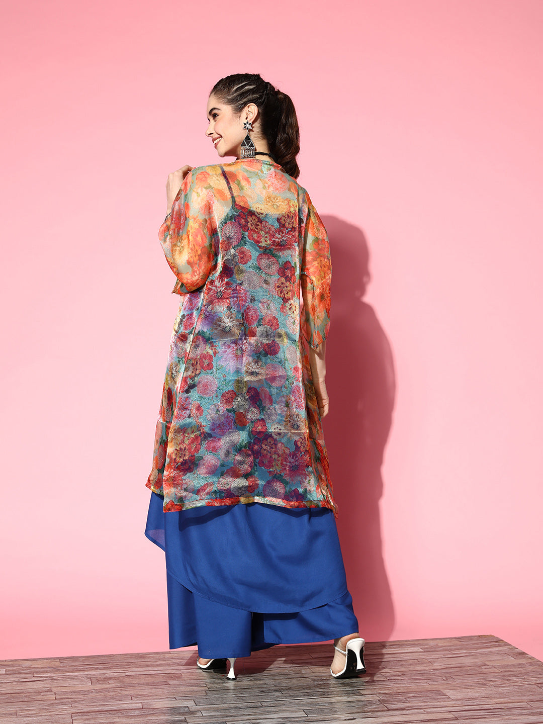 InWeave Ink Blue Strappy Set With Green Floral Long Organza Cape