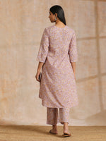 Thumbnail for trueBrowns Grey Overall Floral Block Print Cotton Flared Slit Kurta Pant Set - Distacart