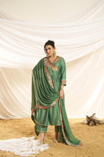 Thumbnail for BulBul Women Green Embroidered Premium Silk Angrakha Pattern Flare Suit With Dupatta