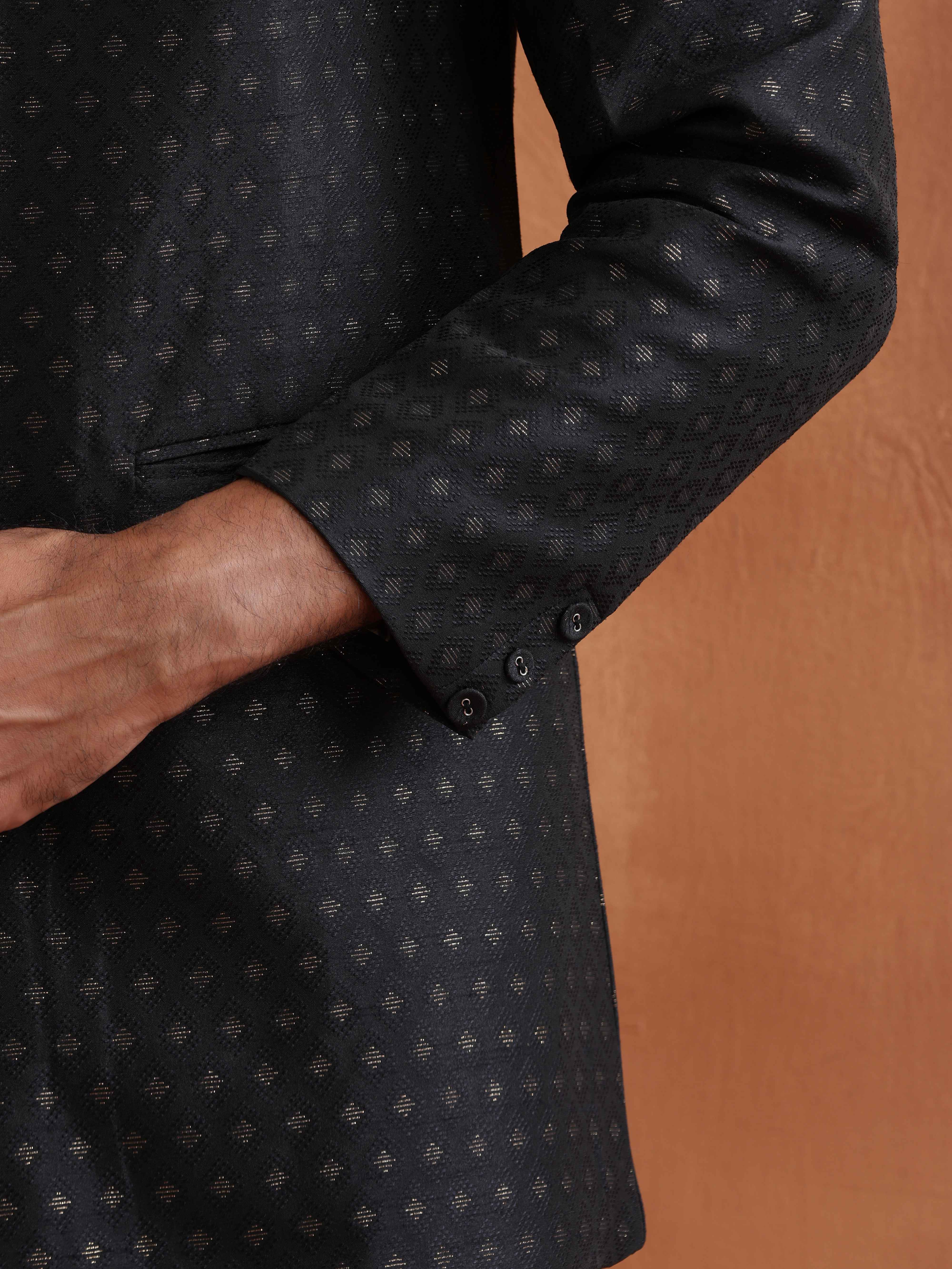trueBrowns Men's Black Chanderi Long Jacket