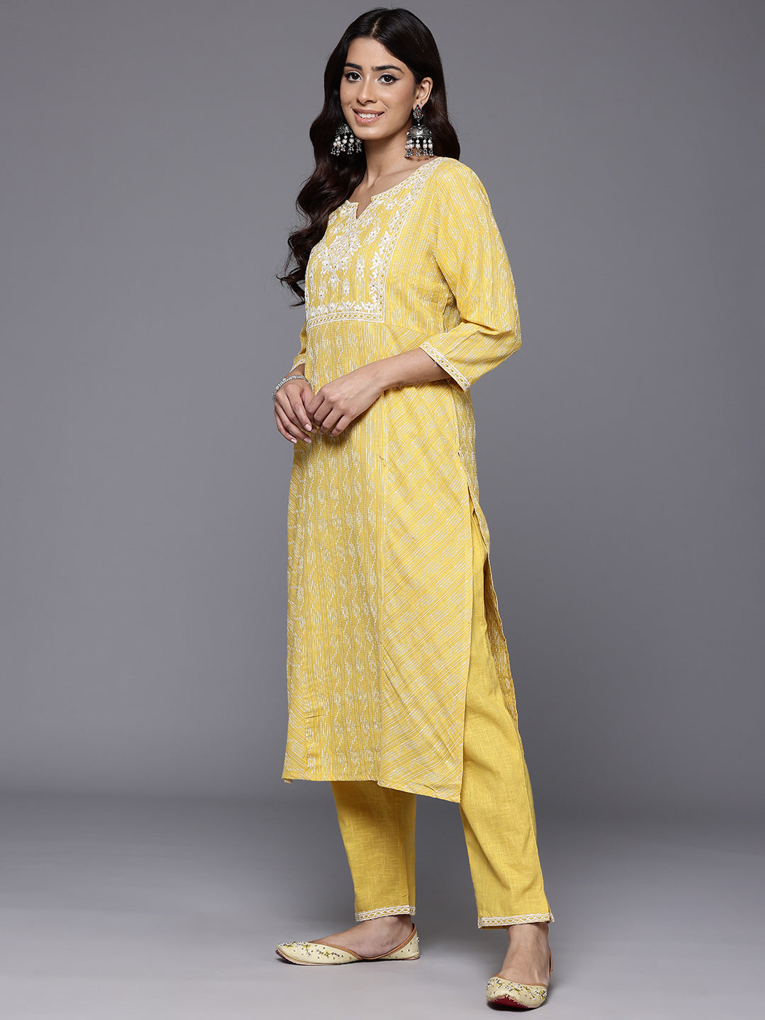 Varanga Women Mustard Woven Design Round Neck, Three Quarter Sleeves Paired With Tonal Bottom And Dupatta - Distacart