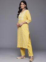 Thumbnail for Varanga Women Mustard Woven Design Round Neck, Three Quarter Sleeves Paired With Tonal Bottom And Dupatta - Distacart