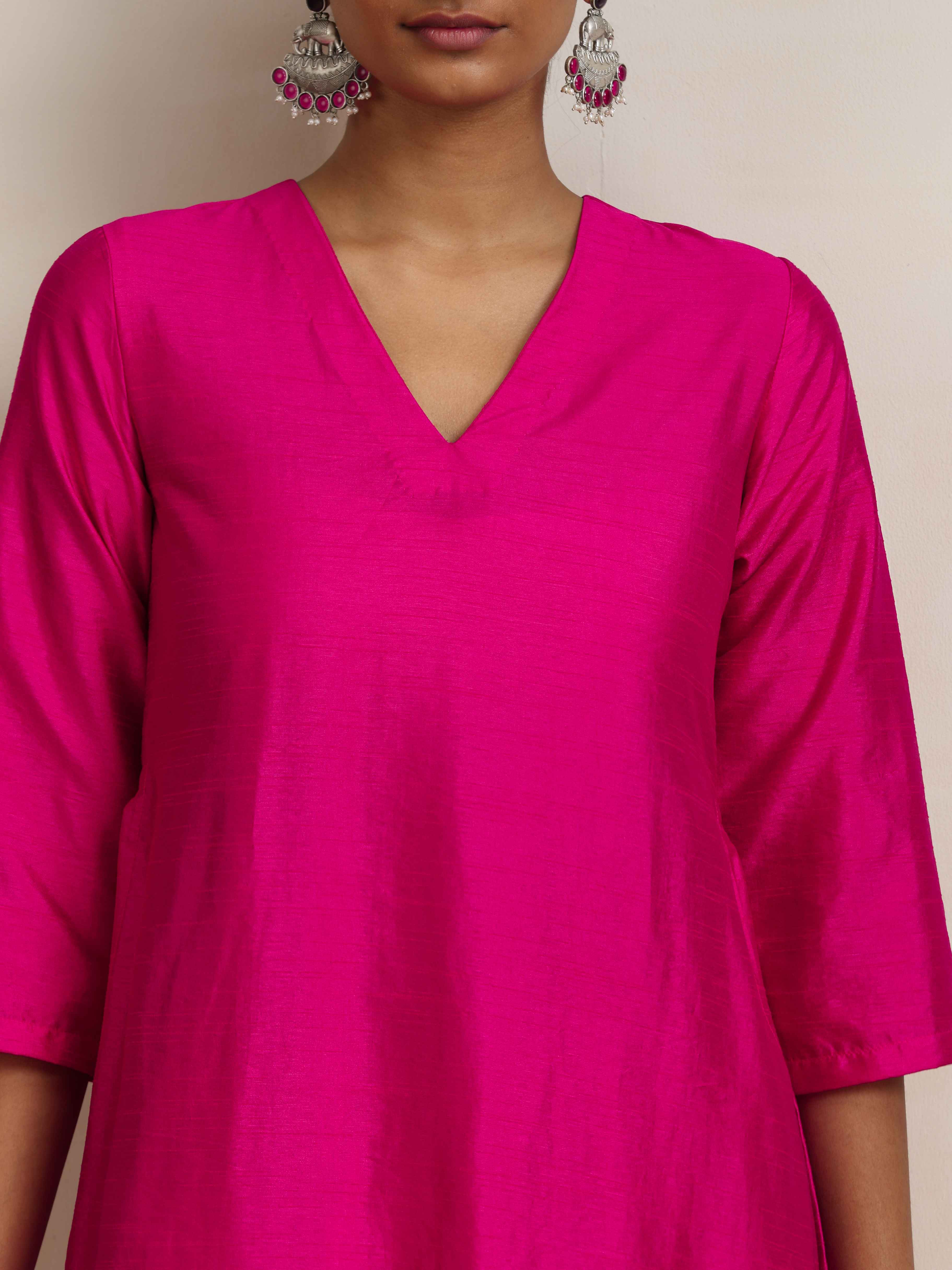 trueBrowns Pink Silk High Slit Kurta Set - Distacart