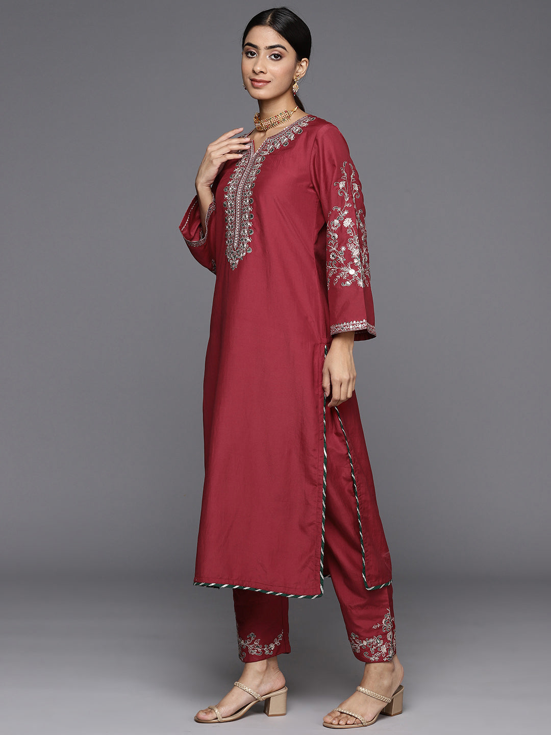 Varanga Women Maroon Round Neck Yoke Embroidered Straight Kurta Paired With Tonal Embroidered Bottom And Contrast Dupatta With Fringes - Distacart
