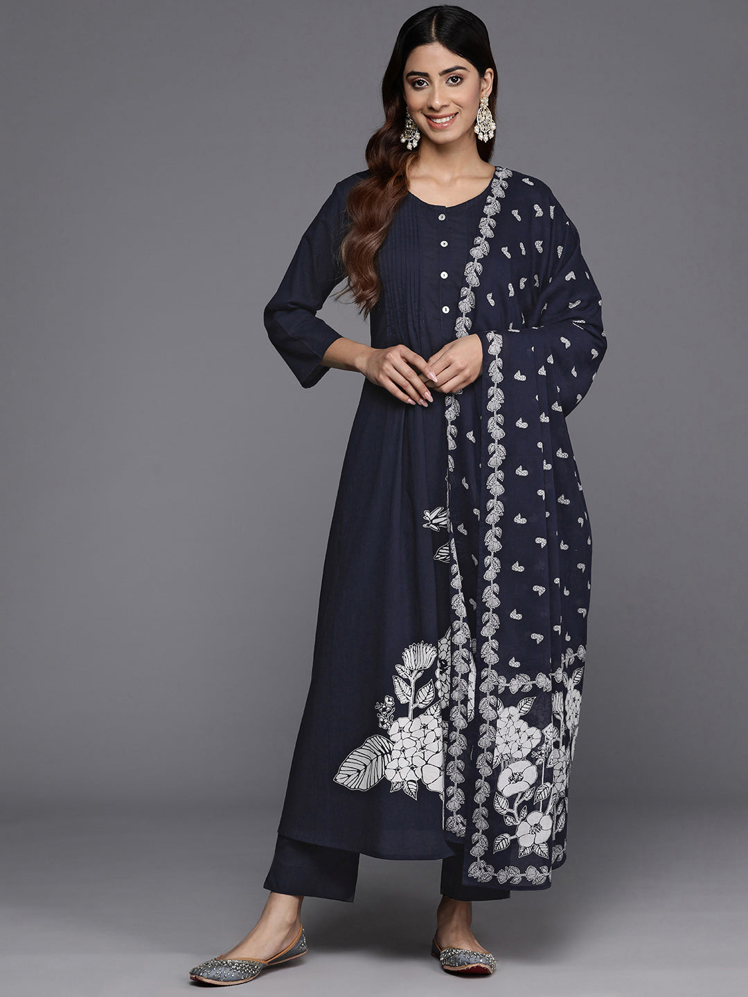 Varanga Women Blue Floral Printed Kurta With Bottom And Dupatta - Distacart
