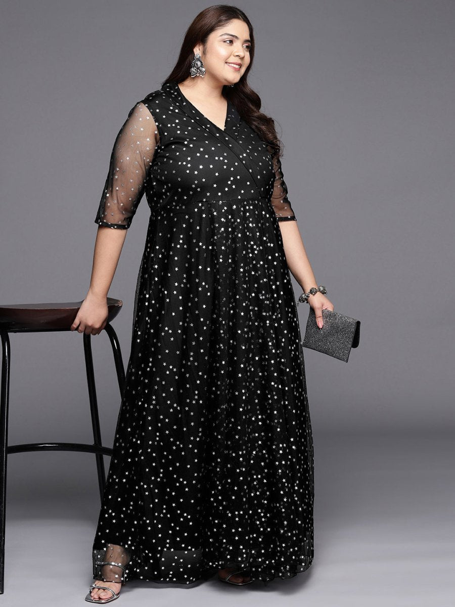 Ahalyaa Plus Size Printed Net V-neck Maxi Ethnic Dress - Distacart