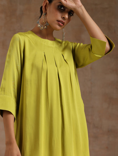 trueBrowns Lime Modal Satin Neck Pleat Kurta Set - Distacart