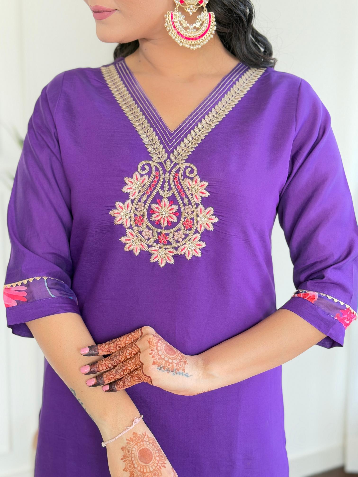 The52 Women's Beautiful Roman Silk Embroidered Straight Kurta with Pant And Dupatta Set