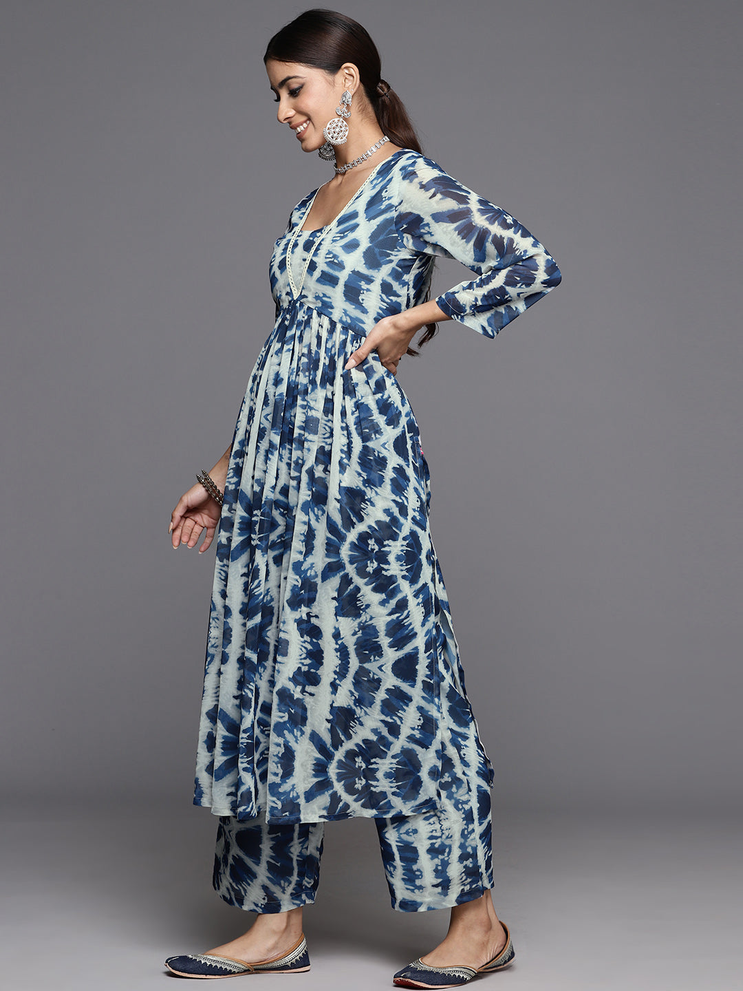 Varanga Women Blue Shibori Printed V-Neck A-Line Kurta Paired With Tonal Printed Bottom - Distacart
