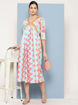 Ahalyaa Floral Printed Midi Empire Ethnic Dress - Distacart