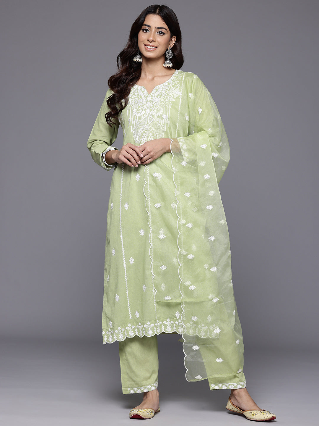 Varanga Women Sea Green Round Neck Heavy Thread Embroidered Kurta With Bottom & Dupatta - Distacart