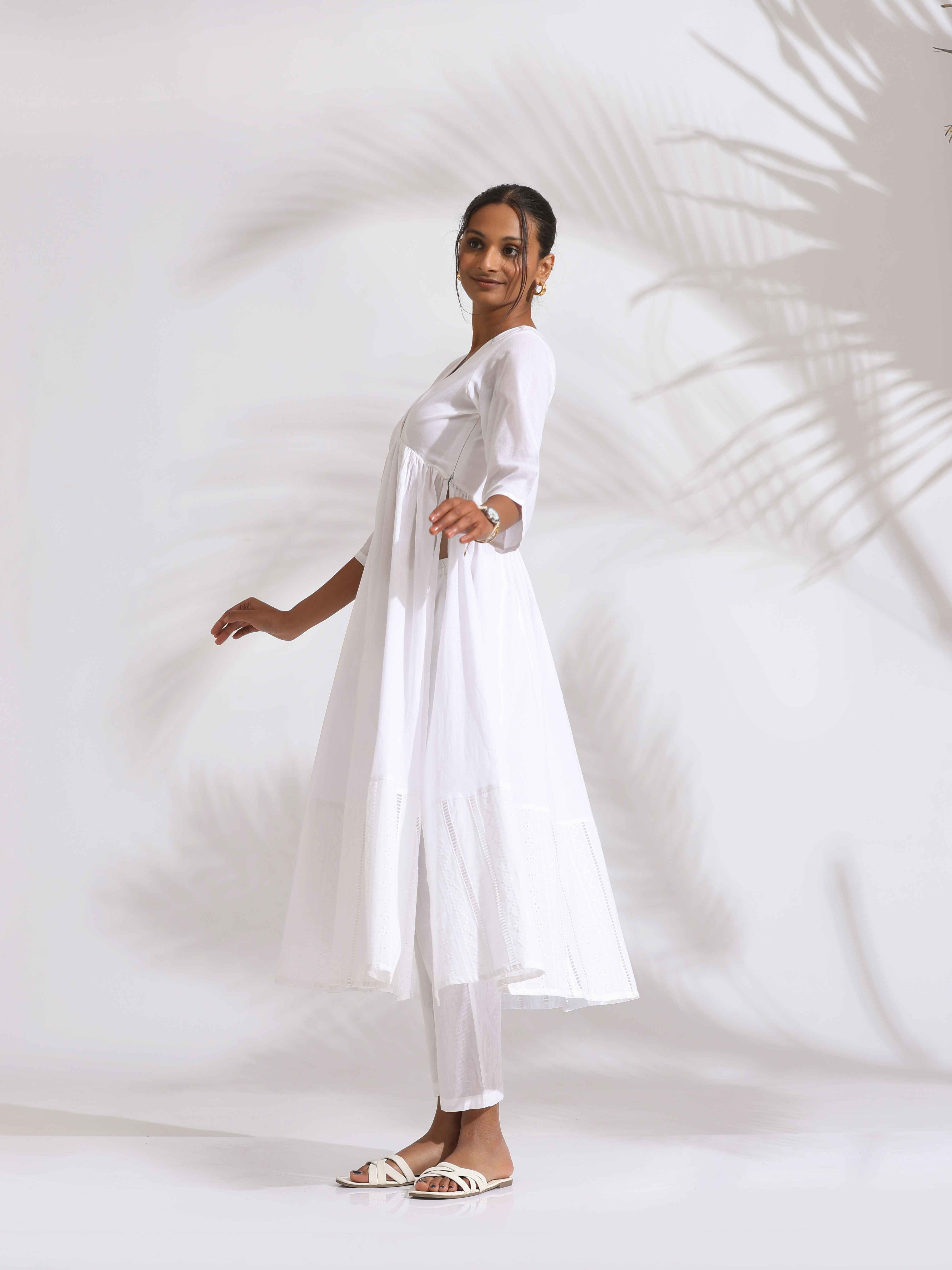 trueBrowns White Cotton Schiffli Flared Anarkali Kurta Set