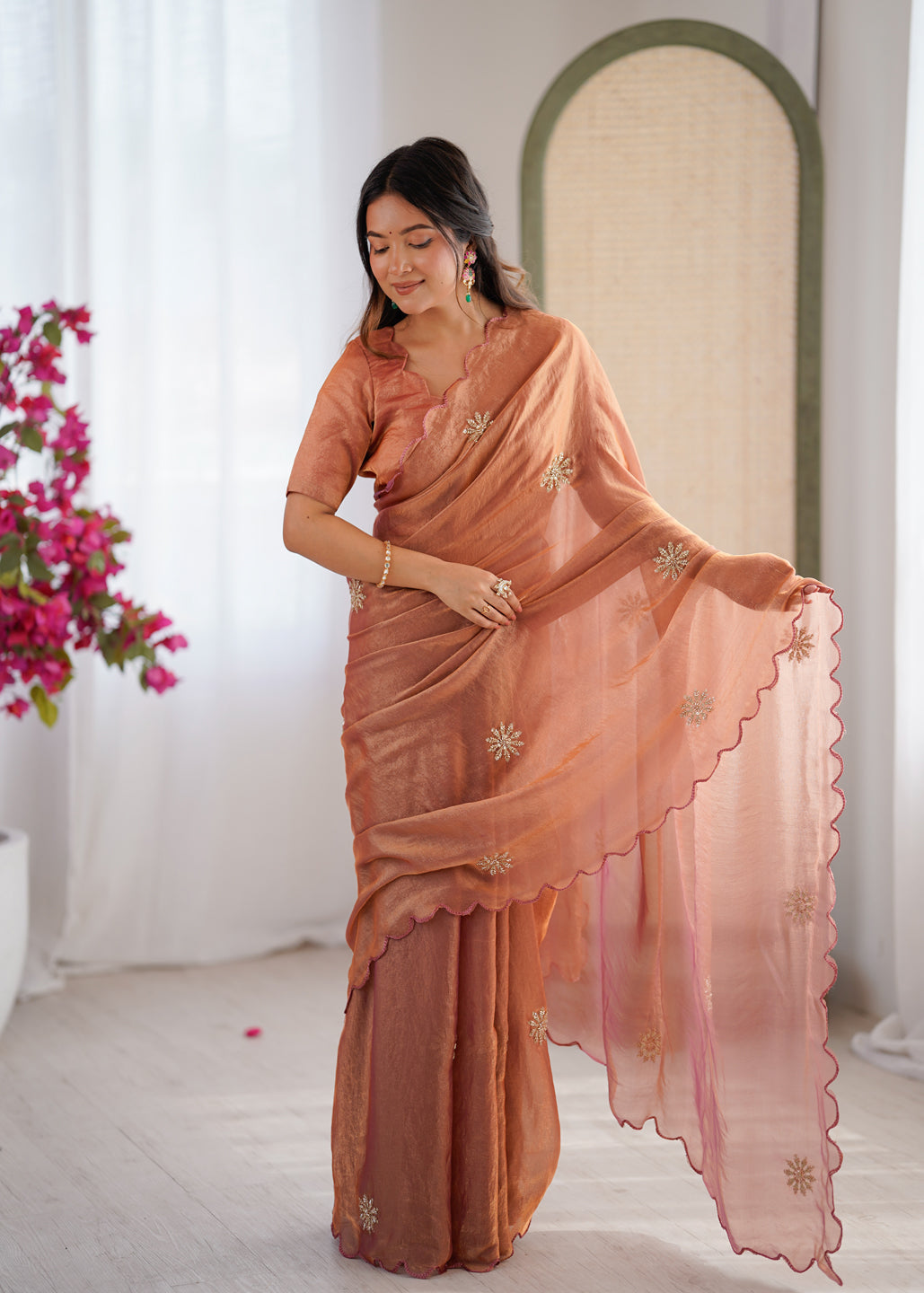 Evanik Designer Heavy Fendy Satin With Beads Embroidered Work Saree With Unstitched Blouse
