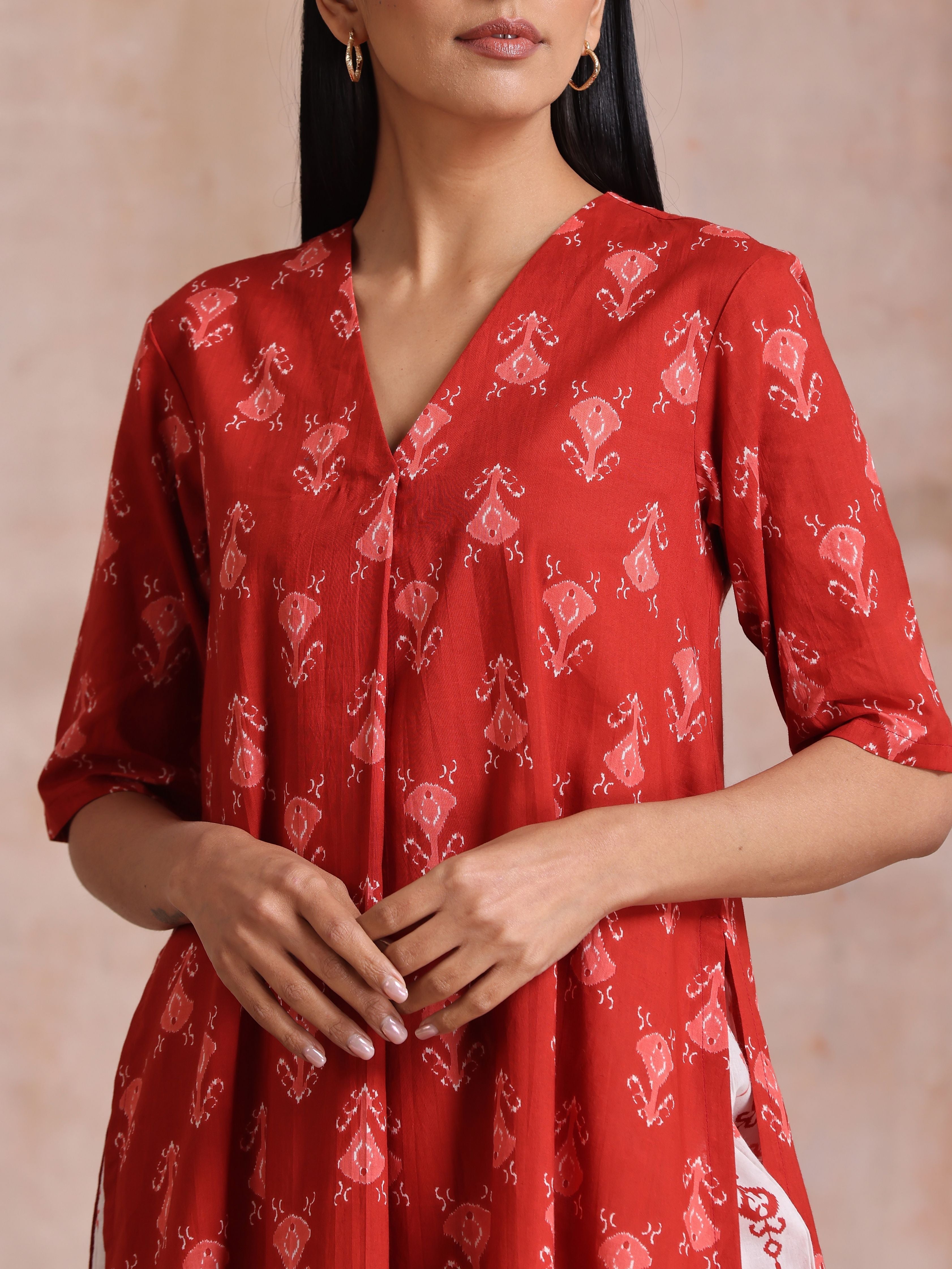 trueBrowns Red On Red Ikat Print Cotton Kurta Pant Set - Distacart
