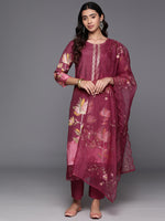 Thumbnail for Varanga Women Pure Muslin Maroon Floral Printed Kurta Paired With Tonal Bottom And Organza Dupatta - Distacart