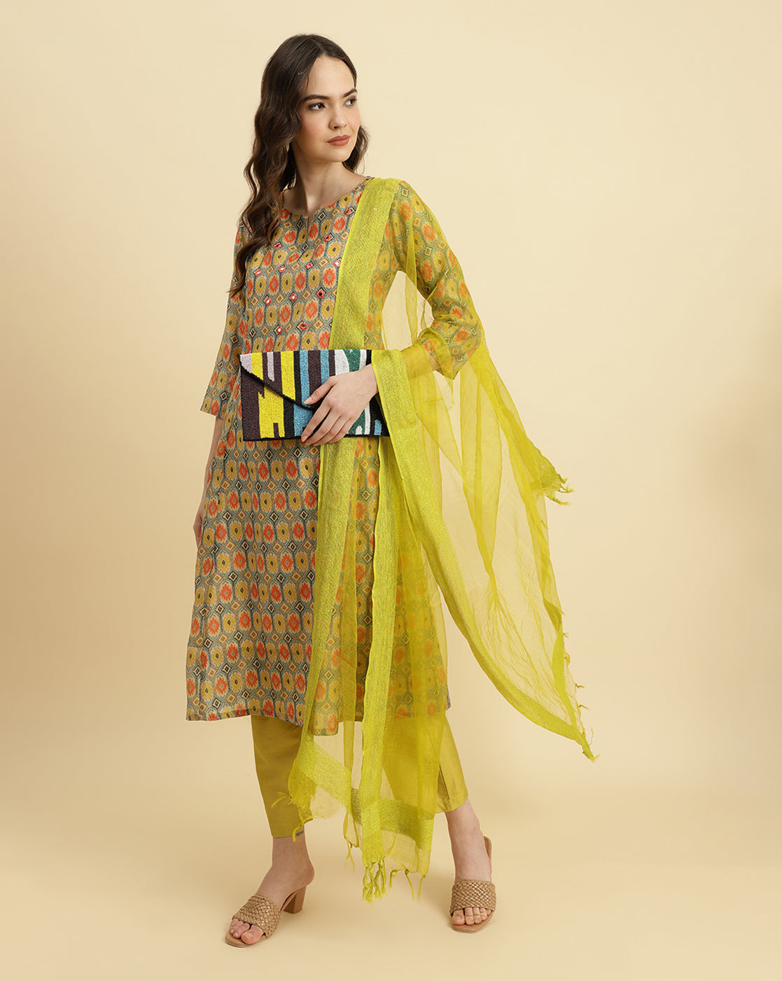 Varanga Ikat Printed A-Line Mirror Embroidered Kurta Paired With Straight Trouser And Dupatta - Distacart