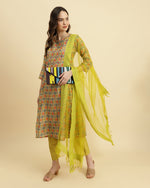 Thumbnail for Varanga Ikat Printed A-Line Mirror Embroidered Kurta Paired With Straight Trouser And Dupatta - Distacart