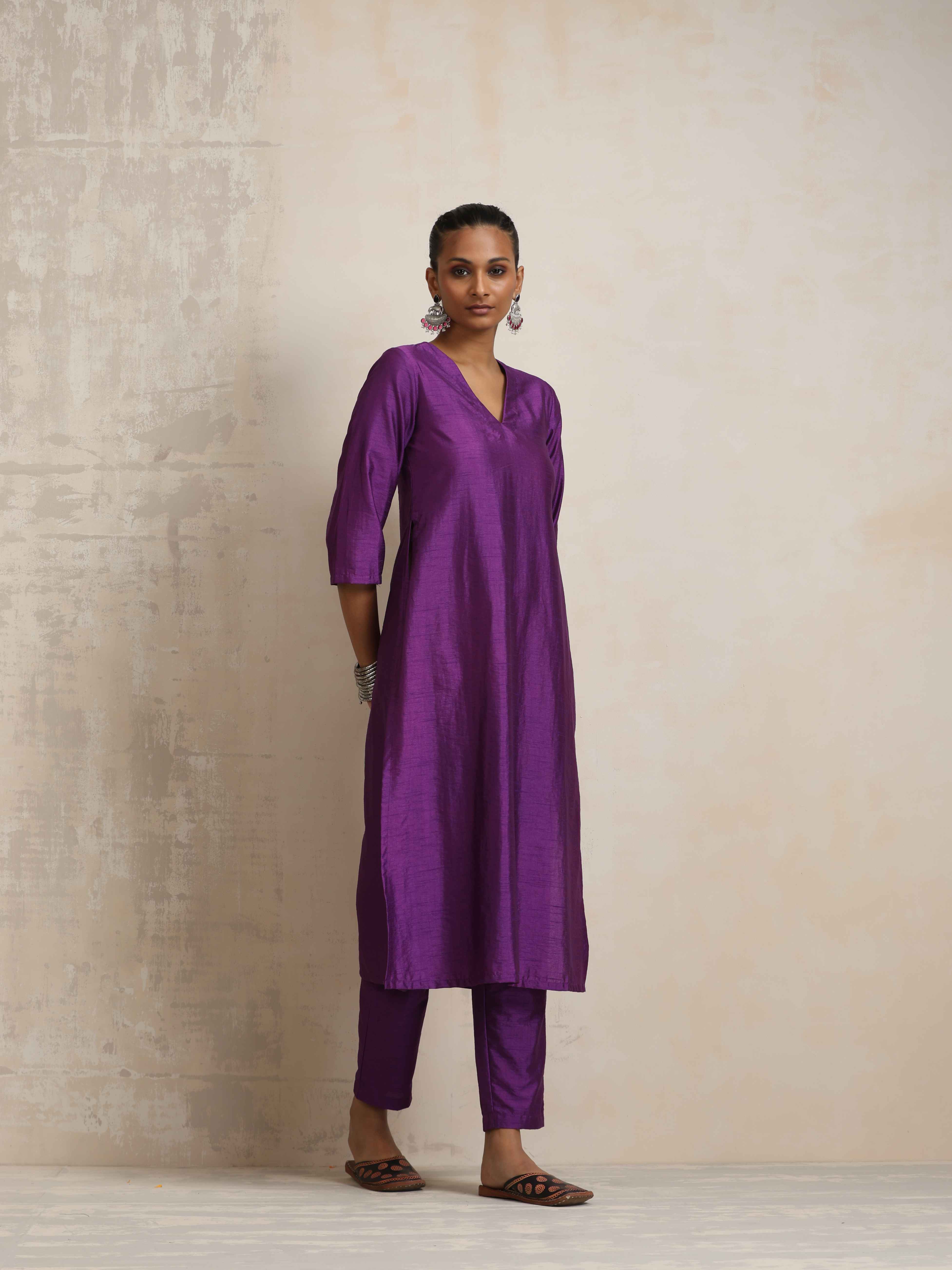 trueBrowns Purple Silk High Slit Kurta Set - Distacart