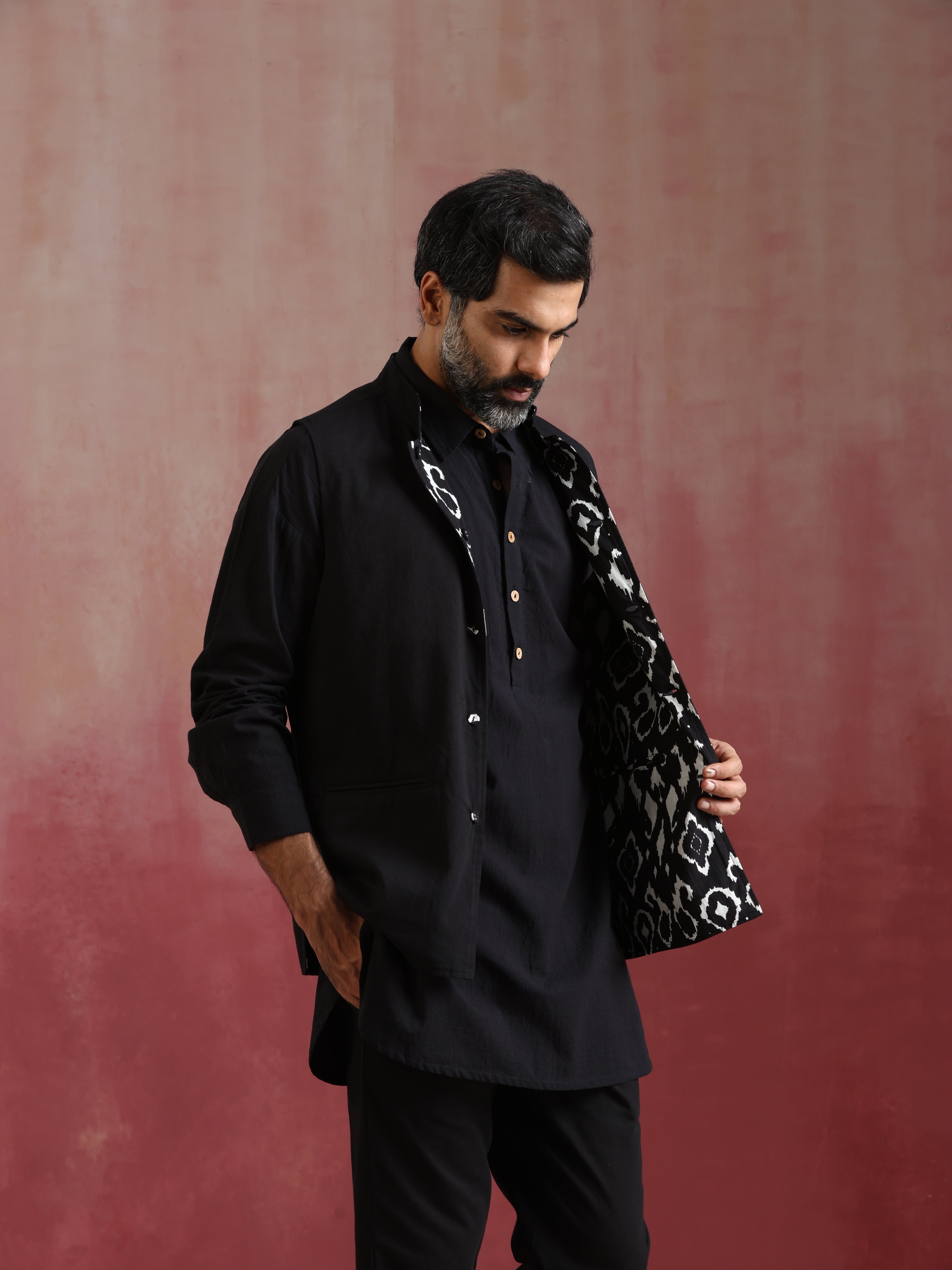 trueBrowns Men's Black Ikat Print Cotton Reversible Nehru Jacket