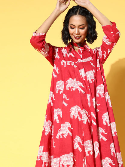 InWeave Red Elephant Flared Dress - Distacart