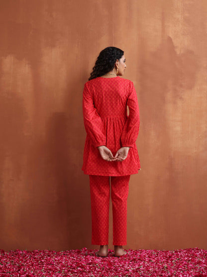 trueBrowns Red Print Angrakha Co-ord Set - Distacart