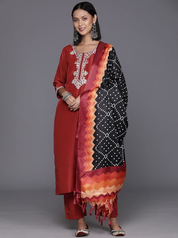 Varanga Women Rust Zari Kurta With Solid Trouser And Dupatta Set - Distacart