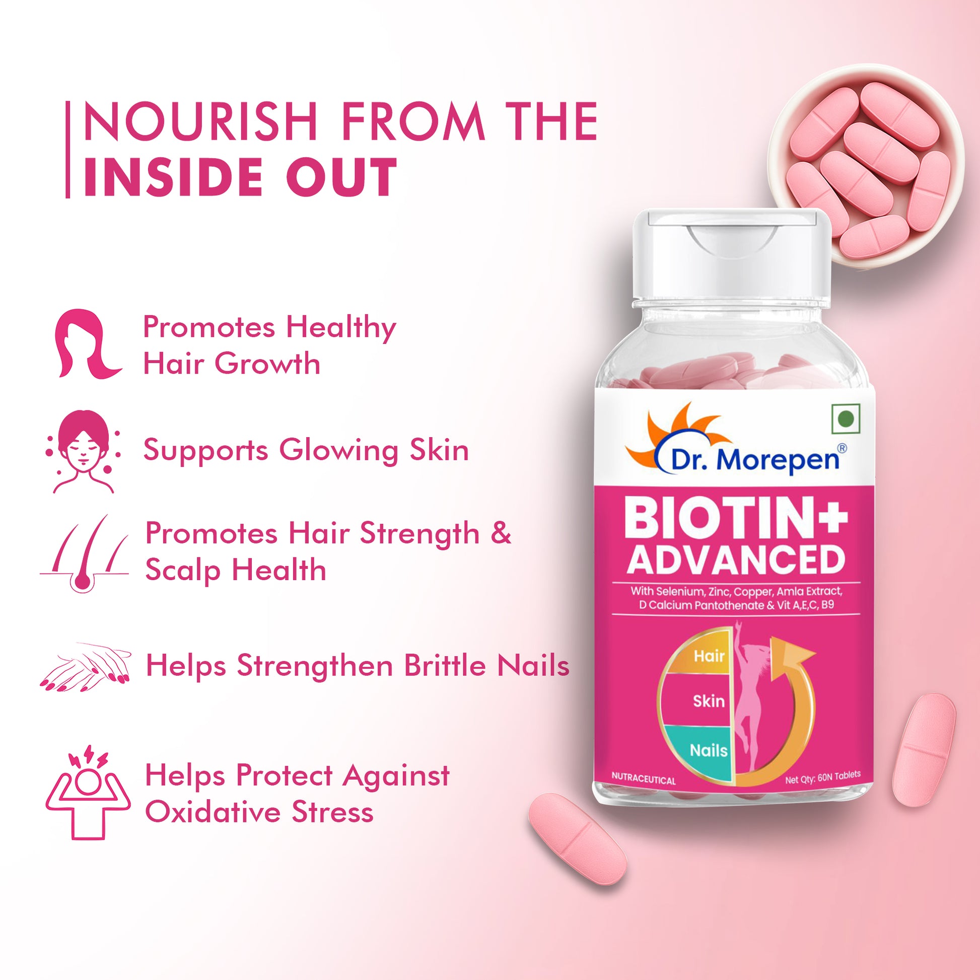 Dr. Morepen Biotin+ Advanced Tablets & DR. Morepen Marine Collagen Powder with Glutathione, Hyaluronic Acid, Resveratrol & Biotin Lemon Lime Flavour - Combo - Distacart