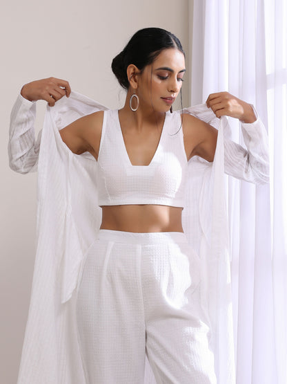trueBrowns White Dobby Overlay Jacket Blouse Pant Set - Distacart