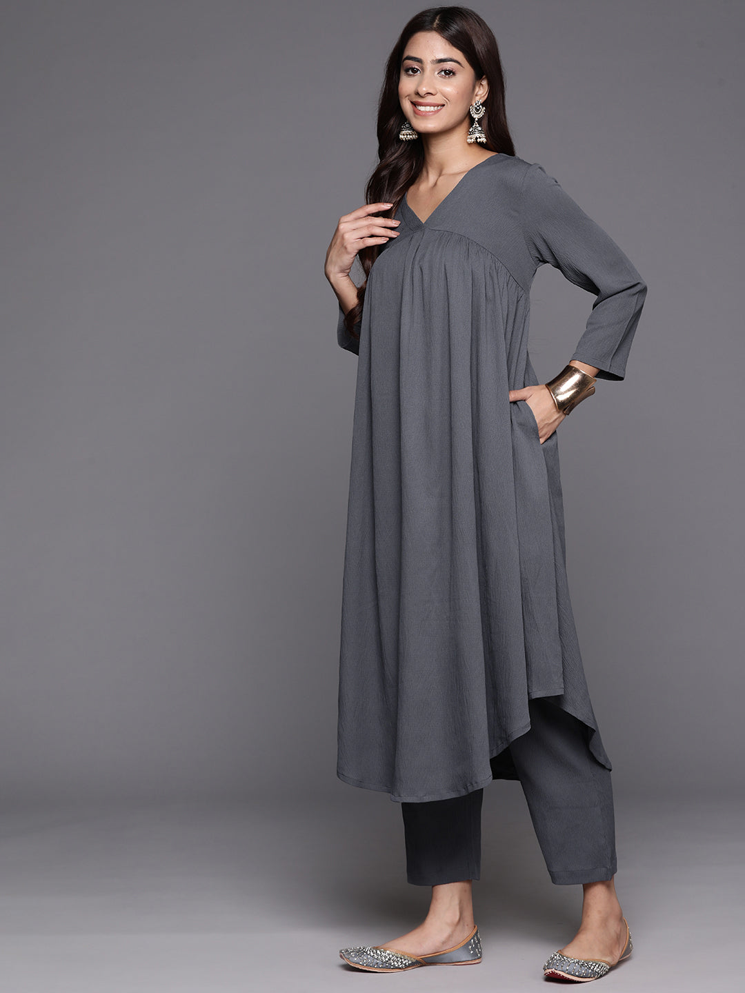 Varanga Women Grey Empire Gathered Details A-Line Kurta Paired With Tonal Bottom - Distacart