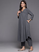 Thumbnail for Varanga Women Grey Empire Gathered Details A-Line Kurta Paired With Tonal Bottom - Distacart