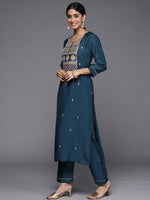Thumbnail for Varanga Blue Embroidered Kurta Paired With Tonal Bottom And Plain Dupatta - Distacart